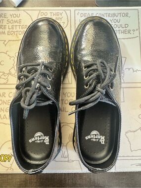 Dr. Martens Black Patent Lace-Up Shoes with Yellow Stitching